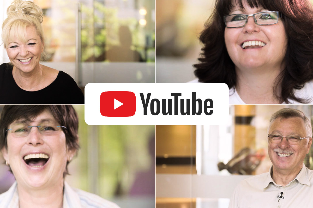 Lachende Patienten der Zahnarztpraxis Podbi344 in Hannover zeigen ihre gesunden Zähne auf dem YouTube-Kanal.